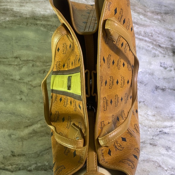 MCM Cognac Visetos Monogram Green Stripe Liz Shopper Tote - Picture 11 of 13